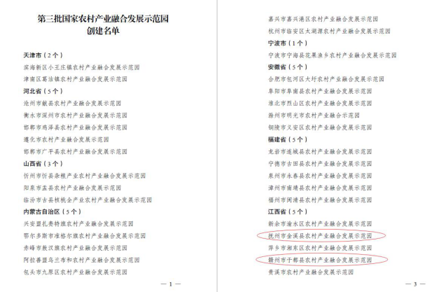 九州体育(JiuZhou Sports)官方网站编制的金溪县、于都县农村产业融合发展示范园成功入选“第三批国家农村产业融合发展示范园”创建名单